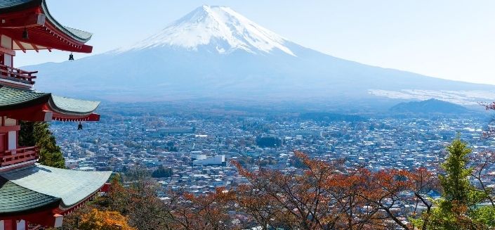 Mount Fuji and a pagoda in Japan