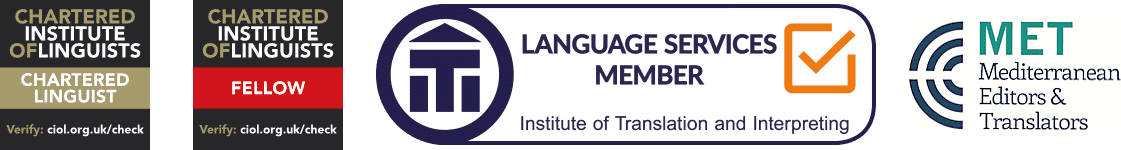 Alina Cincan's professional memberships badge for CIOL, ITI and MET translation associations