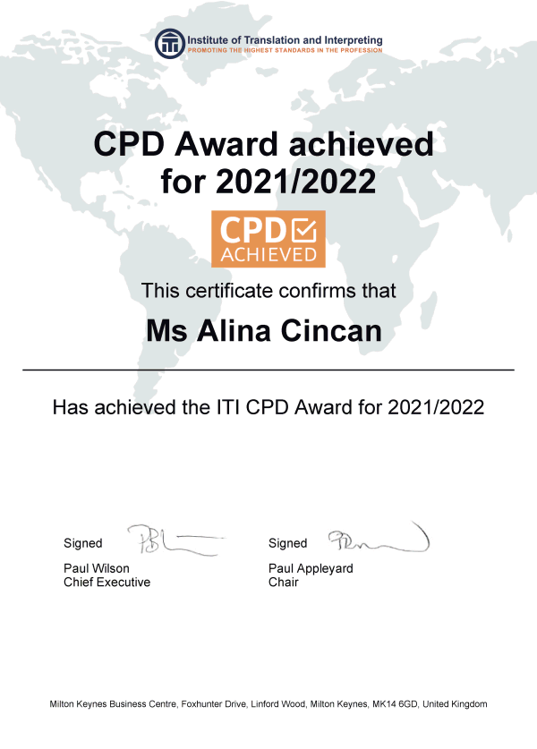 CPD award, Institute of Translation and Interpreting