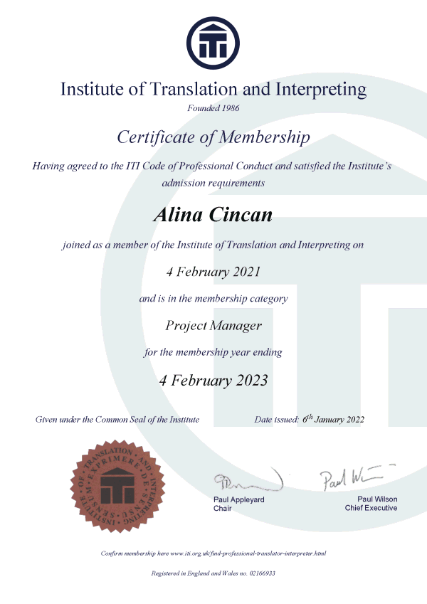 Institute of Translating and Interpreting - certificate of membership