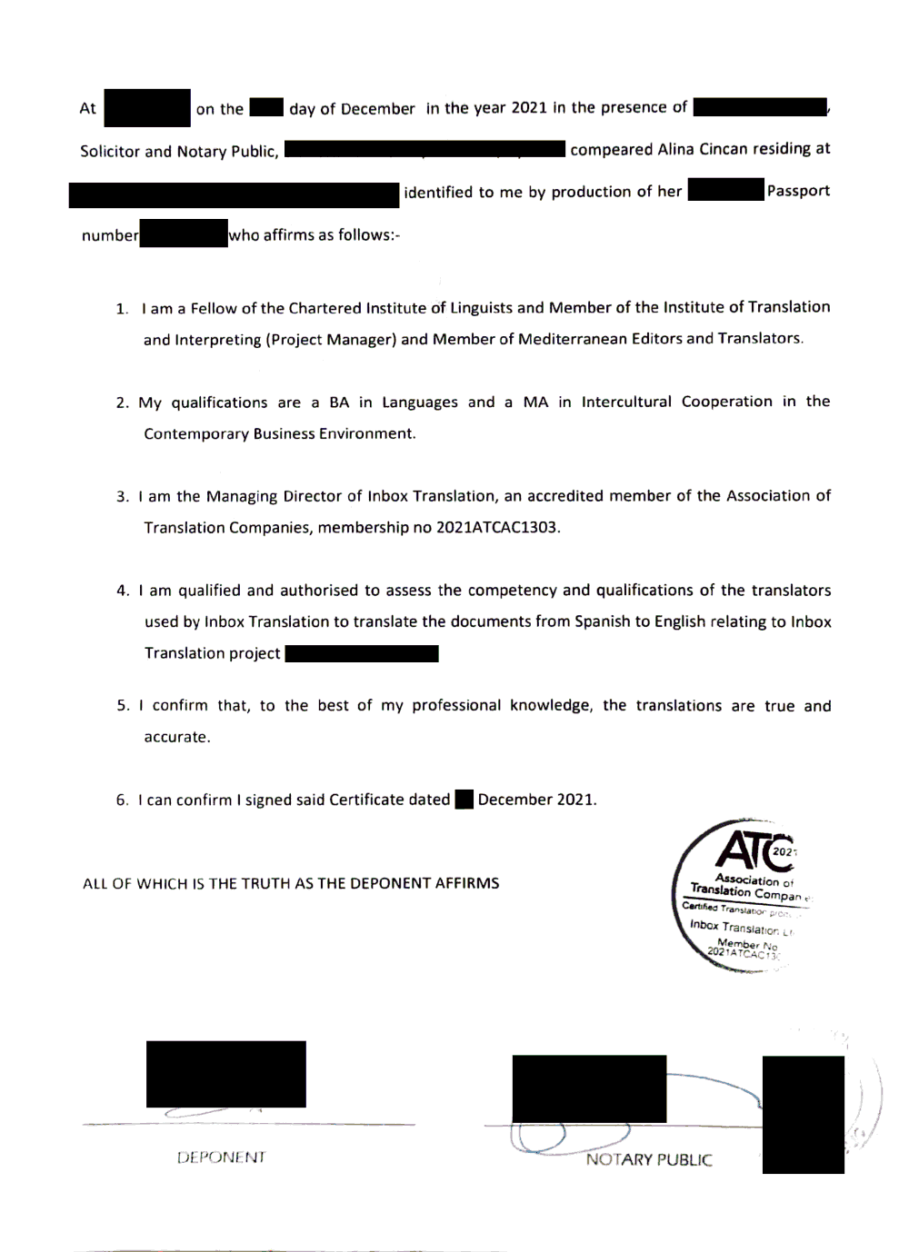 Sample of an officially notarised translation certificate letter