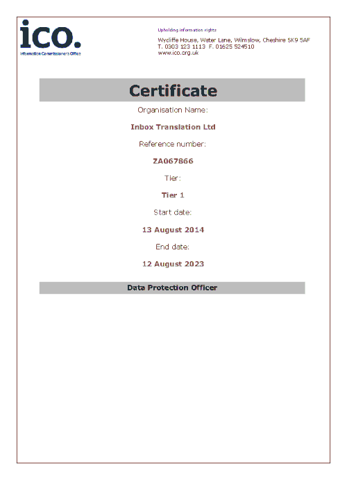 Data Protection certificate for Inbox Translation, valid until 12 August 2023