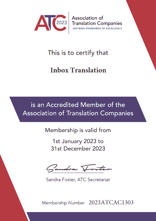 Membership certificate 2023 - Association of Translation Companies