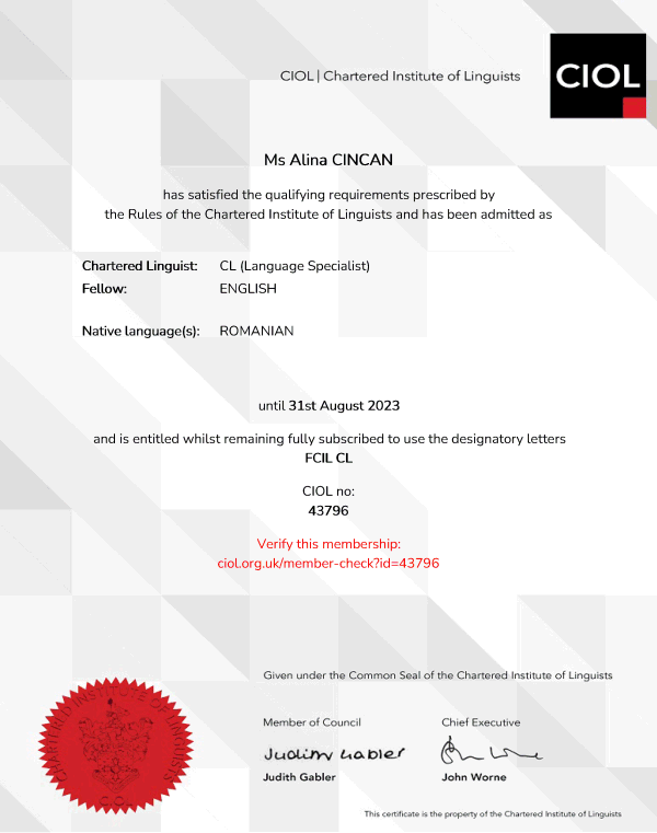 FCIL Chartered Institute of Linguists - certificate