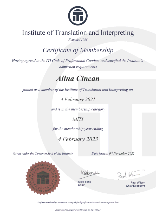 Institute of Translating and Interpreting - certificate of membership